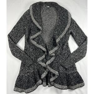 White House Black Market L Black White Knit Ruffle Open Cardigan Sweater
